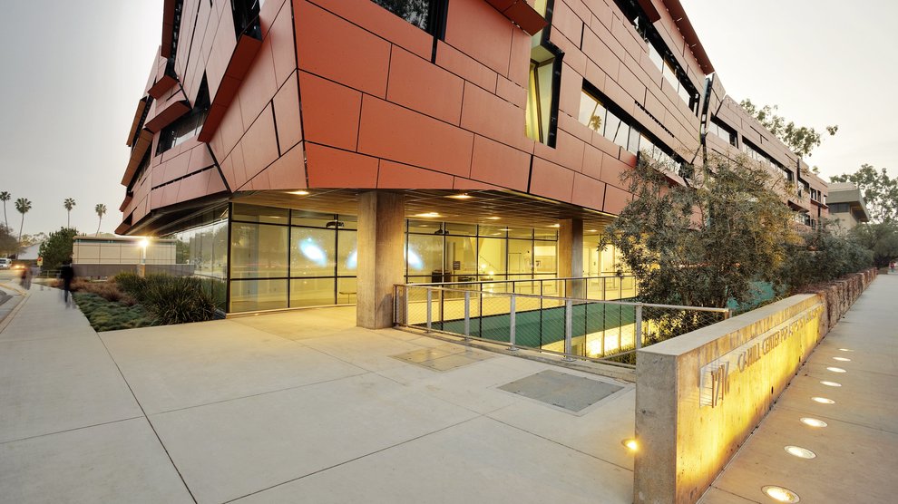 Exterior shot of the Cahill Center at dusk.