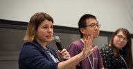 Jessie Christiansen and PhD candidates answer questions from the audience during the Q&A panel following the lecture.