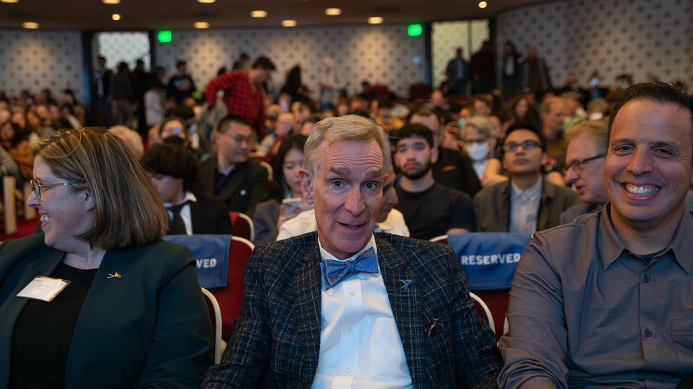Bill Nye in audience in beckman auditorium