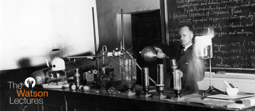 Black and white image of the late Earnest C. Watson conducting his famous liquid air experiement with the Watson Lectures logo in the bottom left corner.