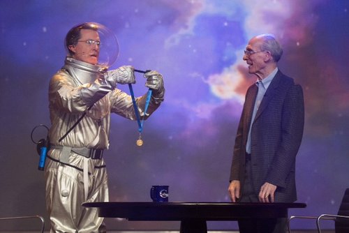 Stephen Colbert presents Ed Stone with the NASA Distinguished Public Service Medal, 2013