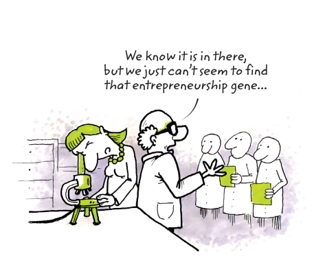 A cartoon-drawn graphic of a male and female scientist speaking to others behind them. The caption: "We know it is in there, but we just can&#x27;t seem to find that entrepreneurship gene..."