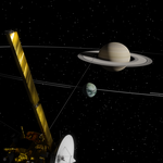 Artwork of Saturn, Titan, and the Cassini spacecraft.