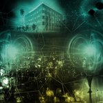 A duotoned green montage includes quantum physics experimental equipment, images related to fundamental physics and astrophysics, and a preliminary building concept.