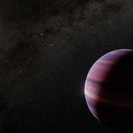 Pinkish streaked planet is seen in foreground, with two bright stars in background.