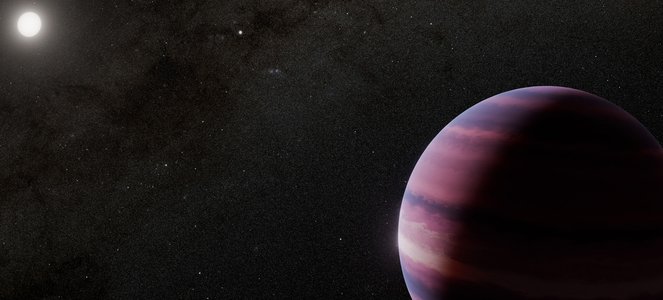 Pinkish streaked planet is seen in foreground, with two bright stars in background.