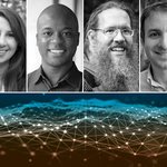 Black and white headshots of of four researchers on top of an image of dots and lines meant to represent data science