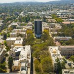 An aerial image of campus centered on Caltech Hall