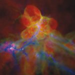 illustration image of gas flowing into the center of a galaxy via dark matter filaments