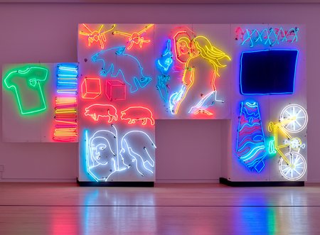 In this work by artist Robert Rauschenberg, a collection of figures are portrayed with neon light tubing. These figures include a green T-shirt with pocket, multicolor books, white and yellow portraits of a face, one looking in a mirror, orange and red cubes, two red pigs, a blue patterned tie, a white and yellow bicycle positioned vertically, and assorted multicolor graffiti.