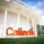 Exterior Beckman Auditorium with Caltech logo block letter sign