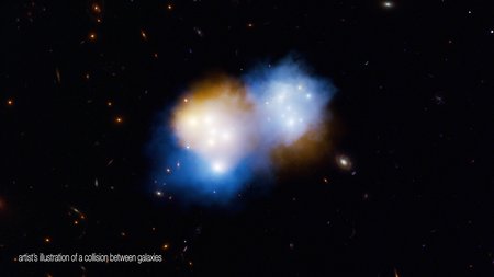 This artist's concept depicts a collision between two massive clusters of galaxies.