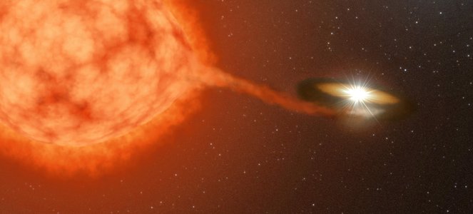 Artwork shows a puffy red star next to a white dwarf, with a third star in the background.