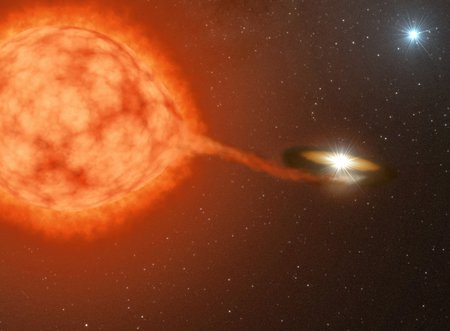 Artwork shows a puffy red star next to a white dwarf, with a third star in the background.