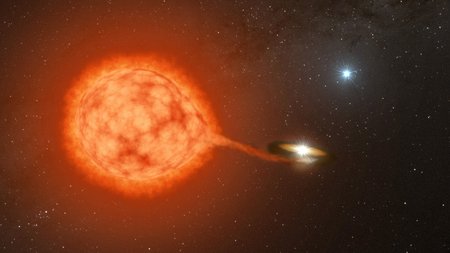Artwork showing a large reddish star next to a small white dwarf star, with a third star in the background.