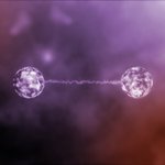 Purple filtered image of two particles connected with a glowing line