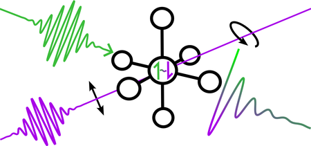 A molecule at the center of the image is hit with a laser pulse shown in green coming from the upper left. That results in  an oscillating quantum mechanical superposition of two electron spin states. A second, weaker laser pulse shown in purple at bottom left also hits the molecule at the center and the light is shown with a black arrow indicated rotation.