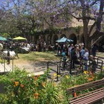 A crowd of families stands under trees and shade umbrellas on campus