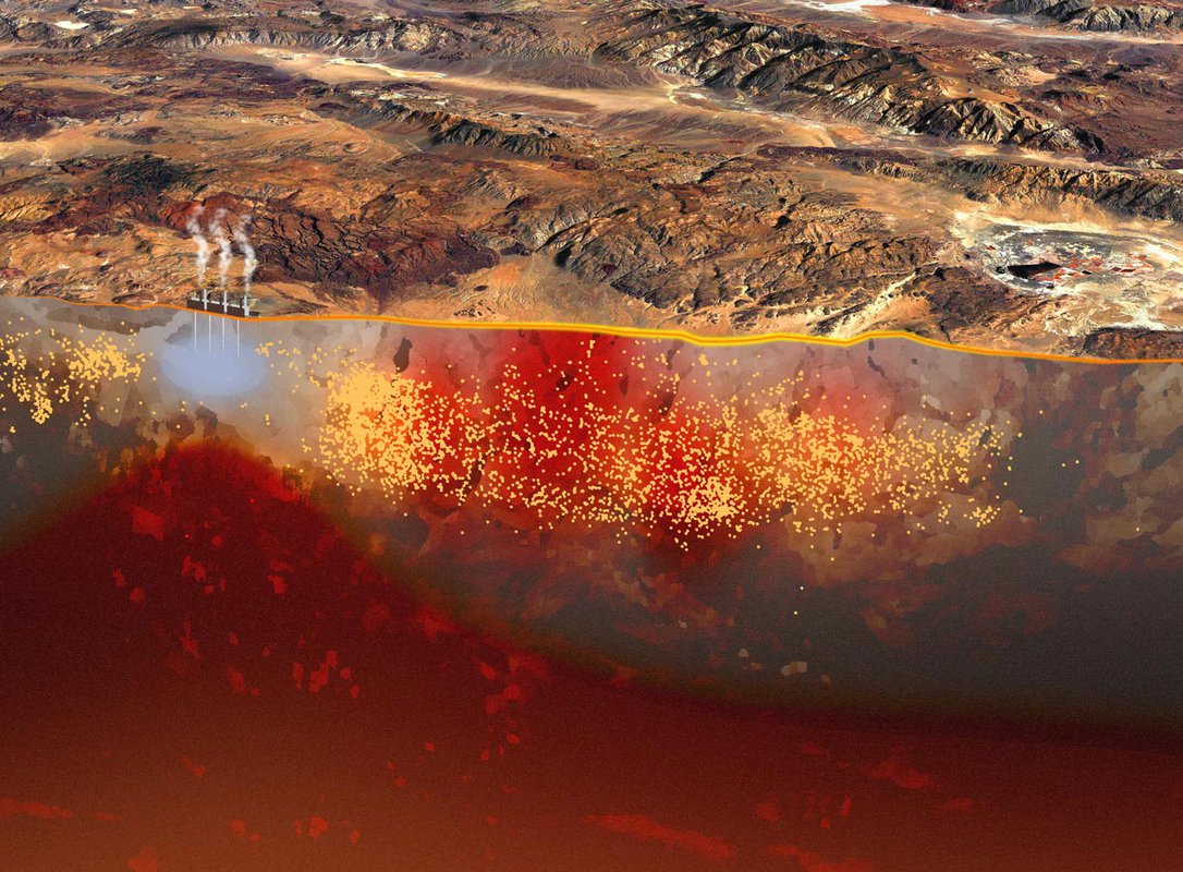 A superposition of the geologic area surrounding Ridgecrest with aftershocks shown as dots. There is an absence of aftershocks in the area of the Coso geothermal field.