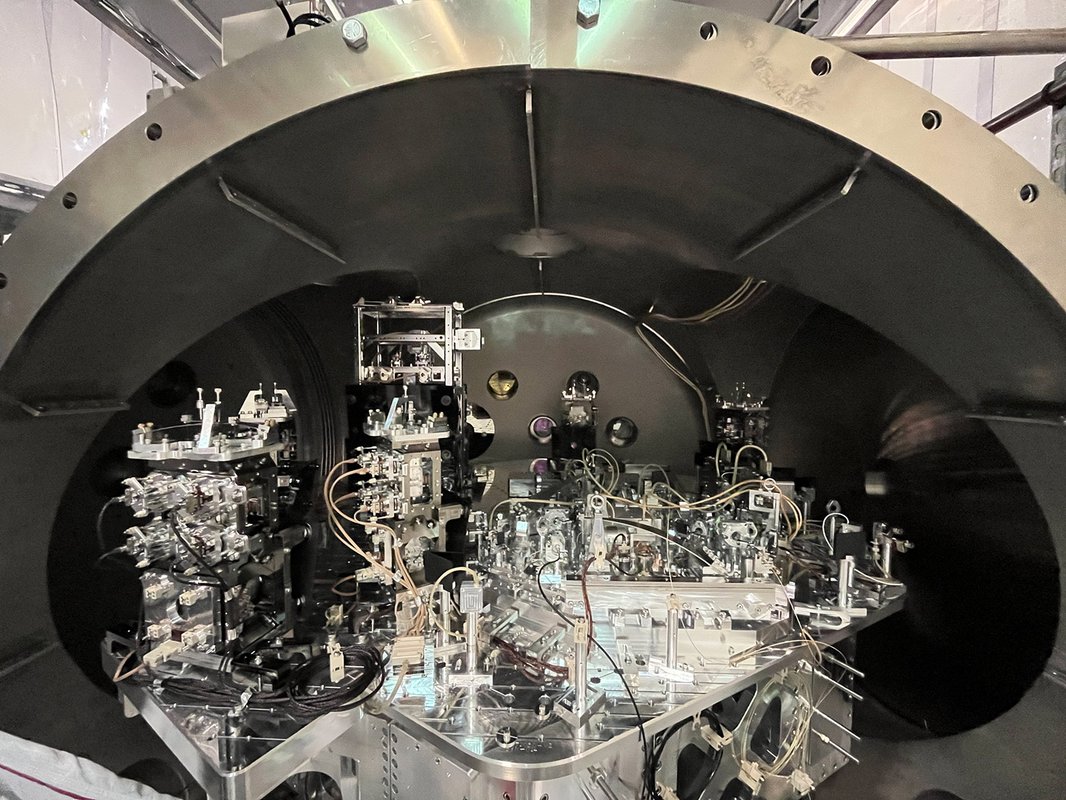 Another view of the source of squeezed light in LIGO's vacuum chamber, taken when the chamber holding the technology was open for maintenance.