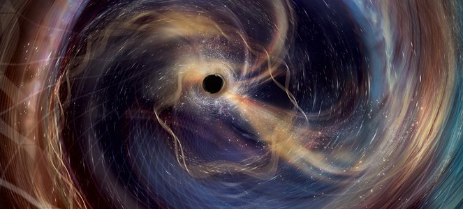 Swirling, colorful, wisps of gas surround a black hole.
