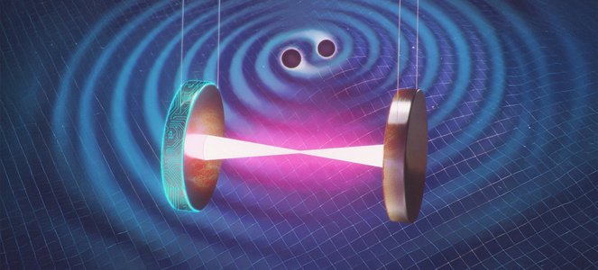hanging mirrors are seen with lasers between them and ripples in space-time in the background