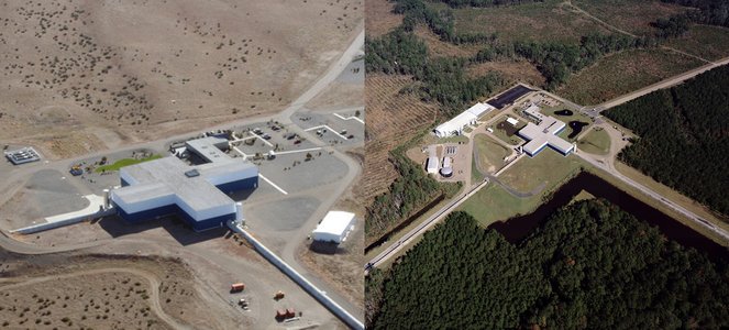 Side-by-side-by of the twin LIGO detector buildings.