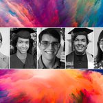 A composite image showing black-and-white portraits of the five graduating Mellon Mays Fellow. In the background is an abstract colorful texture.