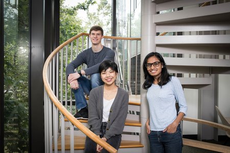 Students Andrew Hess, Myra Cheng, and Nivetha Karthikeyan, founders of the TechReach club, sit in the Annenberg Center for Information Science and Technology.