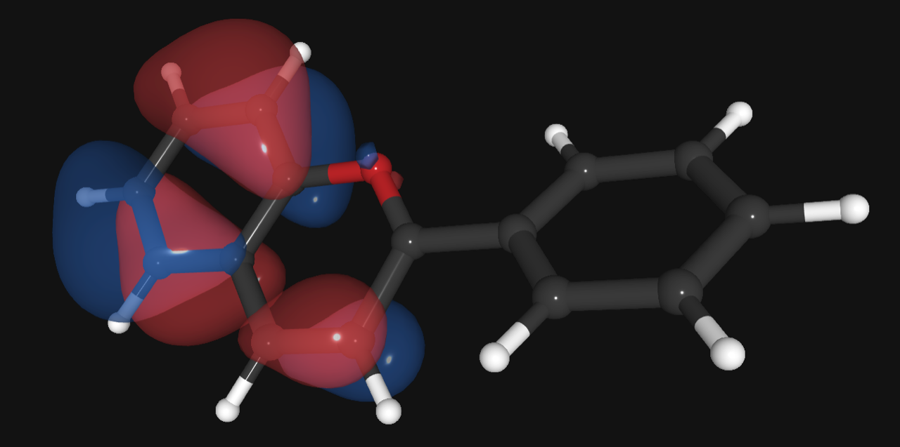 A computer rendering of a molecule. It appears like balls connected with sticks. There are lumpy clouds surround it that represent electron orbitals.