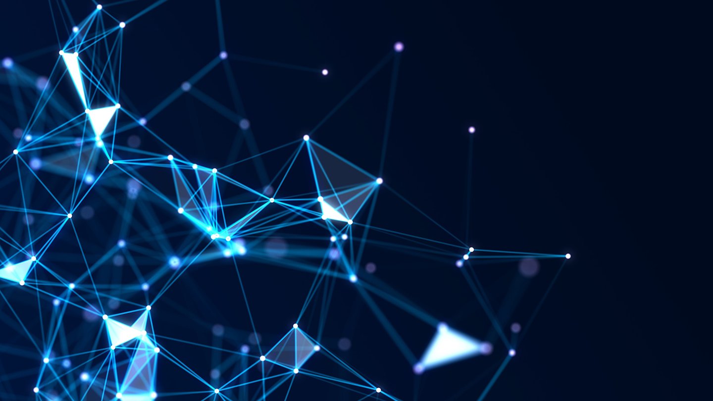 Blue geometric lines and dots represent quantum chaos.