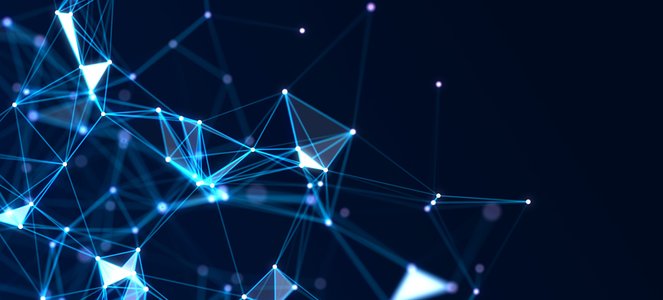 Blue geometric lines and dots represent quantum chaos.