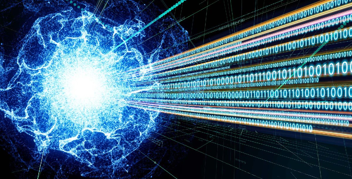 An artist's concept of quantum computing. A string of ones and zeroes is emitted from a blue blob of plasma.