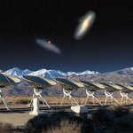 A photo montage of the DSA-110 radio telescopes with the FRB host galaxies in the sky.