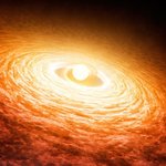 Artwork of a young FU Ori star surrounded by a swirling hot disk.