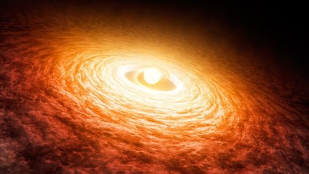 Artwork of a young FU Ori star surrounded by a swirling hot disk.