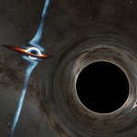 Artwork of two supermassive black holes, one of which has a powerful jet