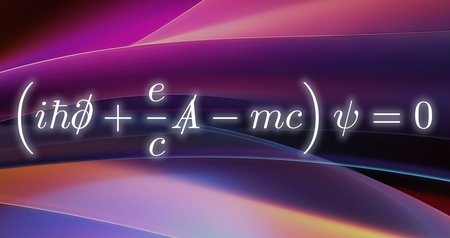 The text of the Dirac equation appears over a colorful background