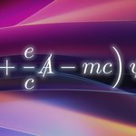 The text of the Dirac equation appears over a colorful background