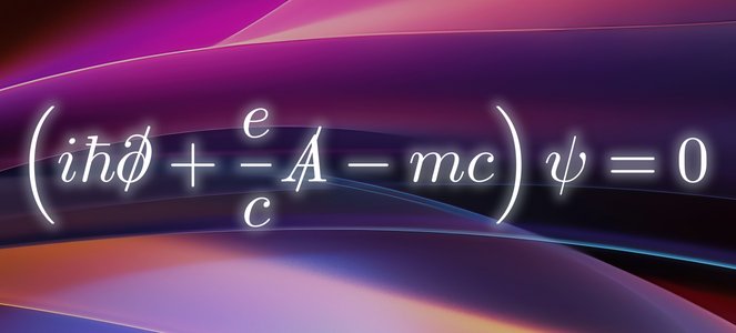 The text of the Dirac equation appears over a colorful background