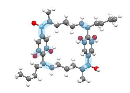 A chemical ring structure featuring gray, white, and red balls and sticks. Some of the bonds are highlighted in blue.