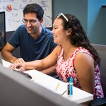 Graduate student Rebekah Loving with Bren Professor of Computational Biology and Computing and Mathematical Sciences Lior Pachter