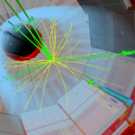 An artist's depiction of a boson-producing event. Colored streaks emanate from within a cylinder.