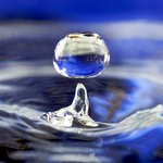 A drop of water splashes up out of a larger body of water