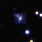 The four, duplicated images of SN Zwicky are seen here, observed at the highest possible resolution with the W.M. Keck Observatory. The surroundings are observed at a lower resolution.