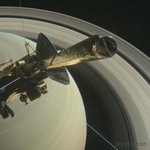 artist's concept of Cassini spacecraft hovering above Saturn's northern hemisphere