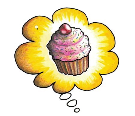 cartoon image of a cupcake in a thought bubble