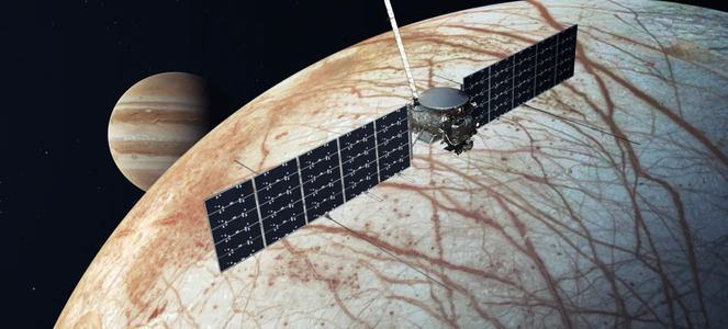 Jupiter in the background, Europa in the foreground, and rectangular shape of Clipper at front