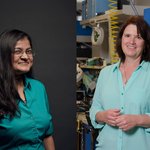 split-screen image, woman in glasses and dark teal shirt on left, woman in light teal shirt in a laboratory on right