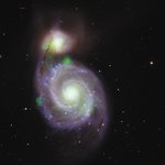 Bright green sources of high-energy X-ray light captured by NuSTAR overlaid on an optical-light image of the Whirlpool galaxy and its companion galaxy, M51b (the bright greenish-white spot above).